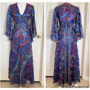 Etro Women Sz 40 Metallic Blue Paisley V-Neck Long Gown 100% Silk Flared Sleeve